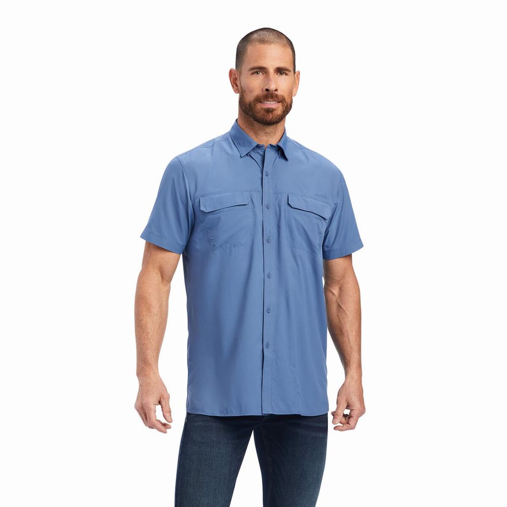 Blue Men\'s Ariat VentTEK Outbound Fitted Shirts | 1853-UYGXP