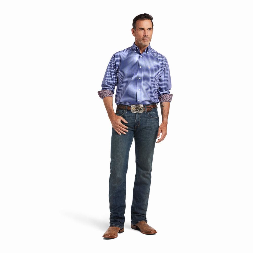 Blue Men's Ariat Wrinkle Free Cairo Classic Fit Shirts | 4758-JOCKV