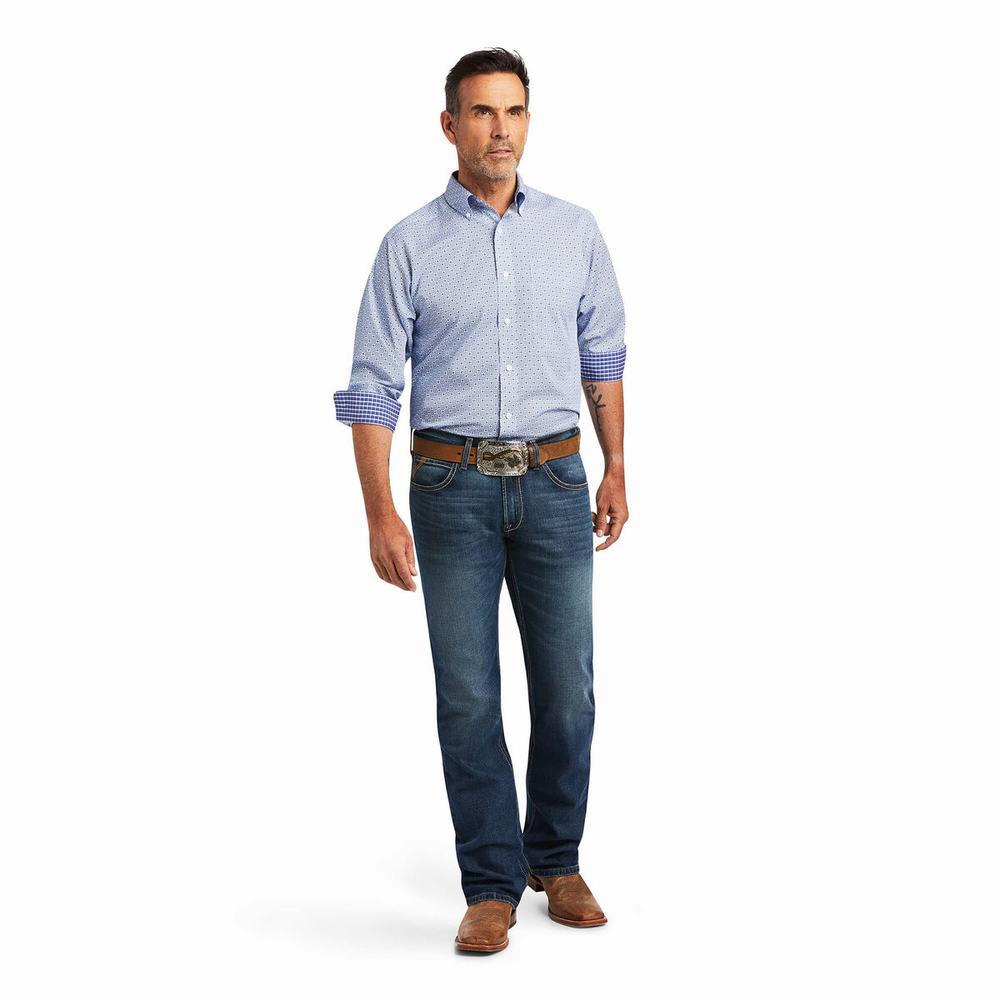 Blue Men's Ariat Wrinkle Free Caysen Classic Fit Shirts | 4708-DTMLU