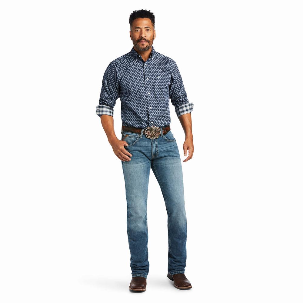 Blue Men's Ariat Wrinkle Free Dov Fitted Shirts | 4038-JYZLQ