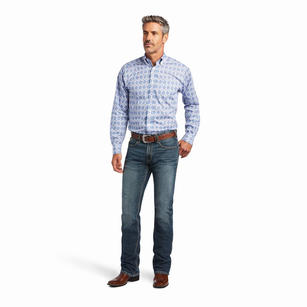 Blue Men's Ariat Wrinkle Free Eliot Fitted Shirts | 4609-JRUKV