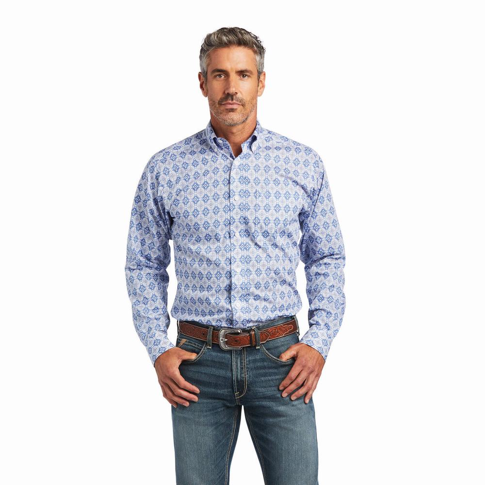 Blue Men\'s Ariat Wrinkle Free Eliot Fitted Shirts | 4609-JRUKV