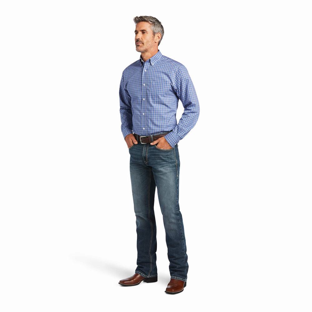 Blue Men's Ariat Wrinkle Free Ezrah Fitted Shirts | 6308-HBTML