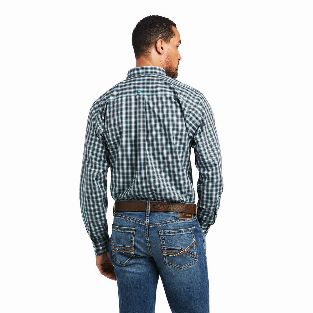 Blue Men's Ariat Wrinkle Free Houston Fitted Shirts | 5371-HRWLJ