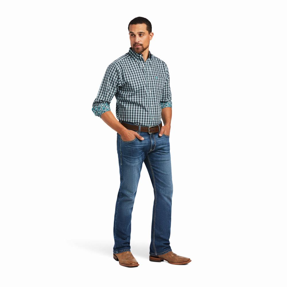 Blue Men's Ariat Wrinkle Free Houston Fitted Shirts | 5371-HRWLJ