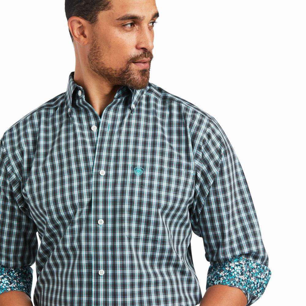 Blue Men's Ariat Wrinkle Free Houston Fitted Shirts | 5371-HRWLJ