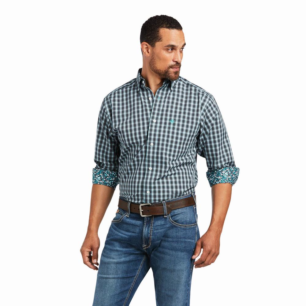 Blue Men\'s Ariat Wrinkle Free Houston Fitted Shirts | 5371-HRWLJ