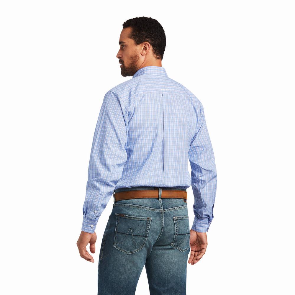 Blue Men's Ariat Wrinkle Free Noah Fitted Shirts | 0271-MCNJP