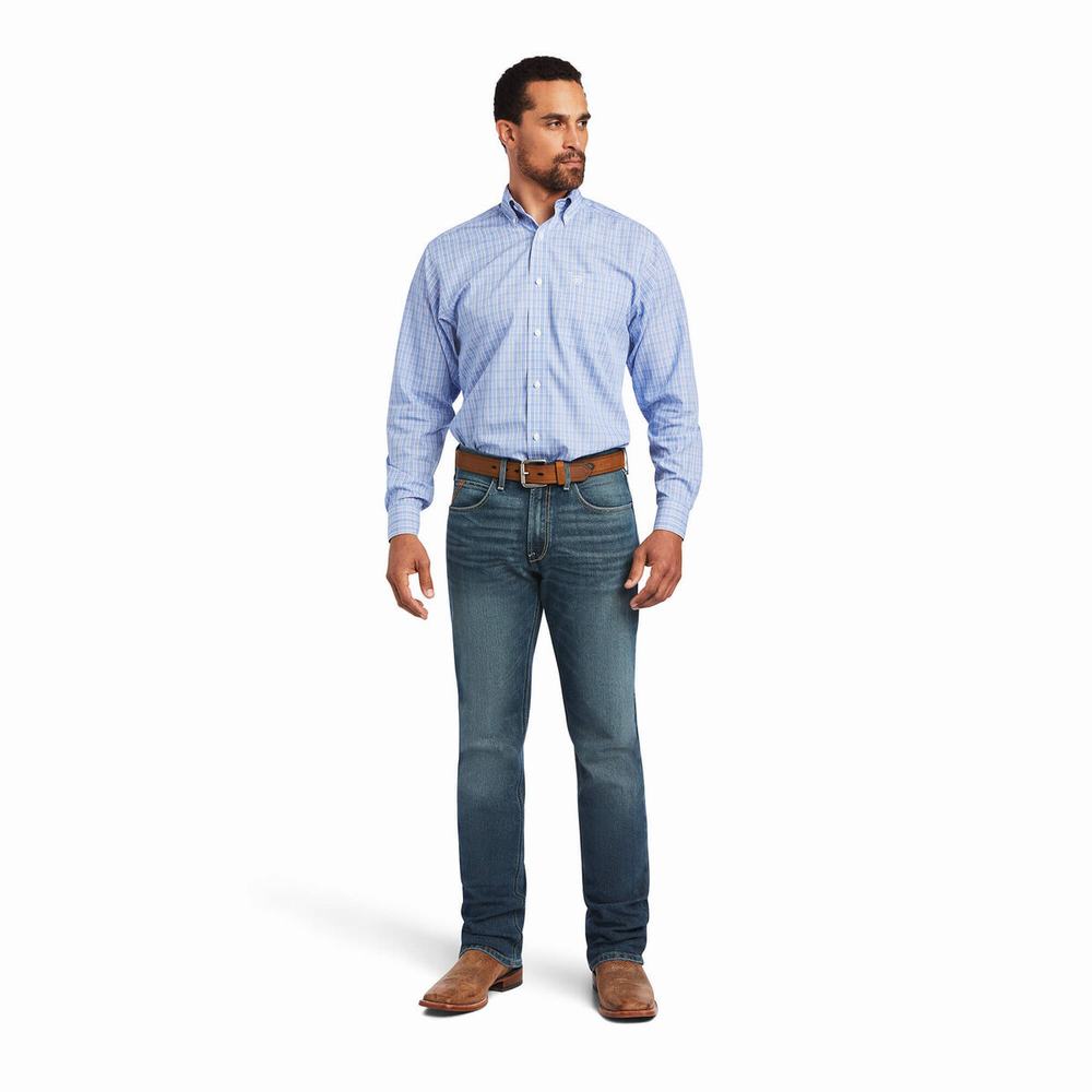 Blue Men's Ariat Wrinkle Free Noah Fitted Shirts | 0271-MCNJP