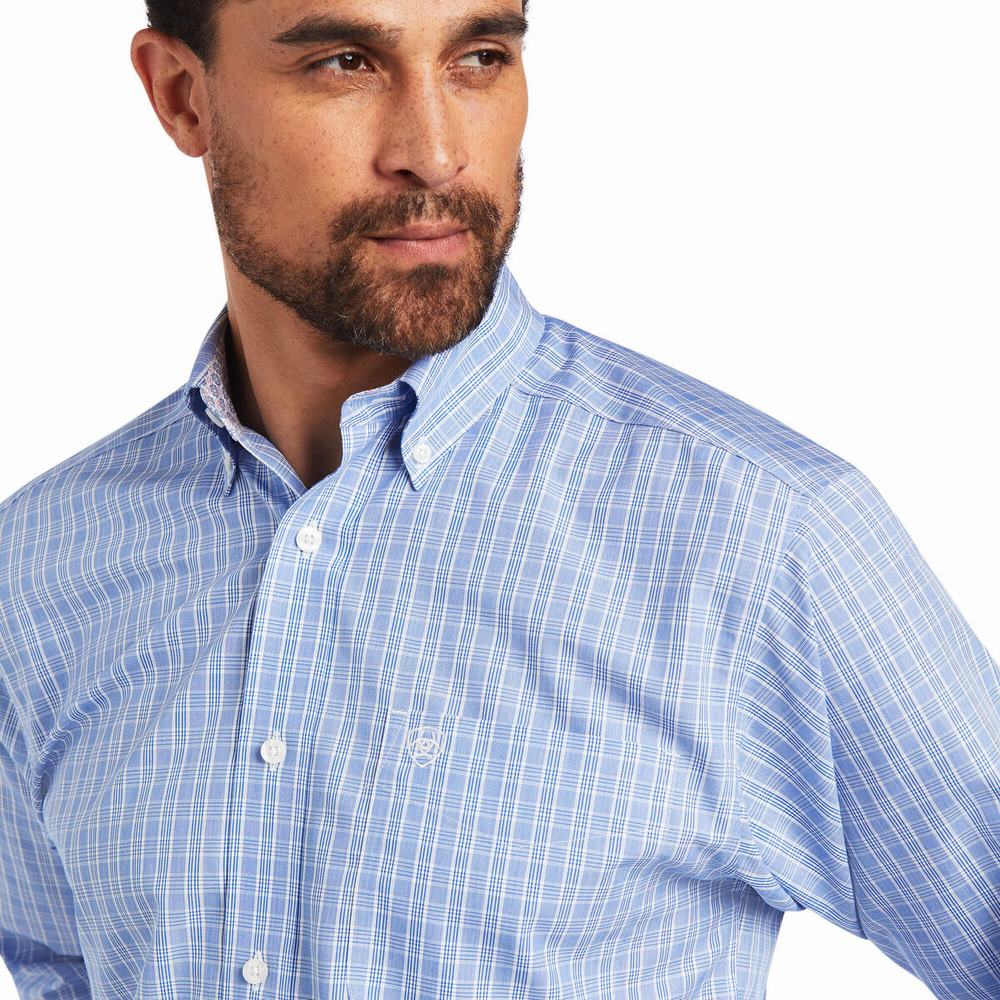 Blue Men's Ariat Wrinkle Free Noah Fitted Shirts | 0271-MCNJP