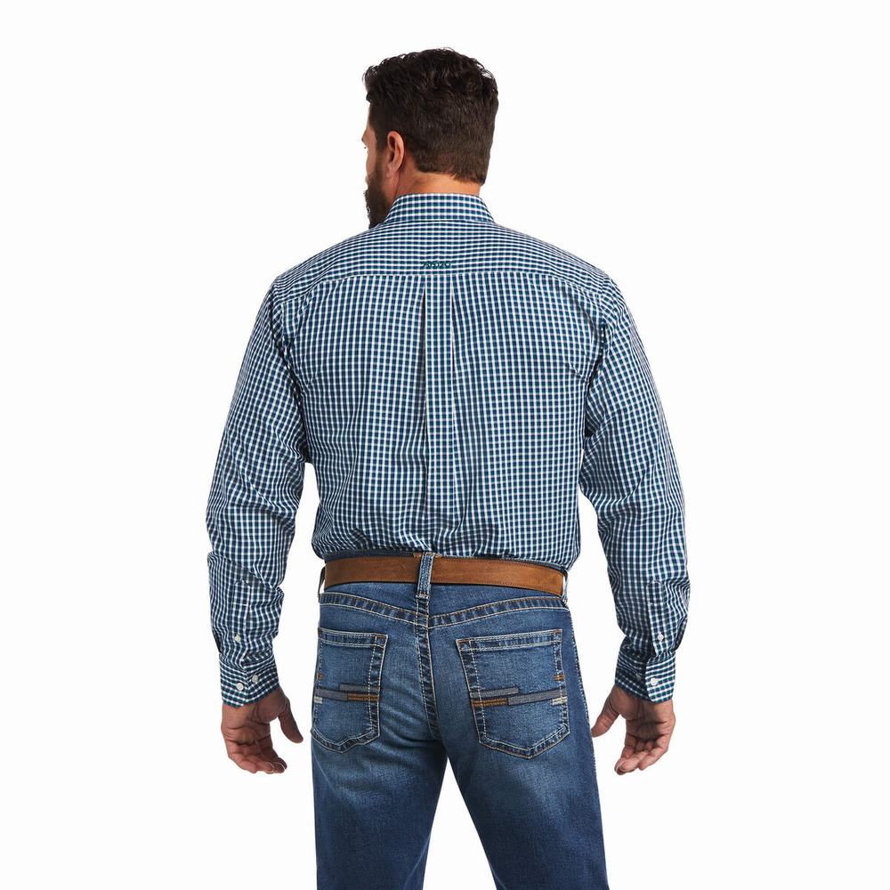 Blue Men's Ariat Wrinkle Free Seamus Fitted Shirts | 3268-TMHYB