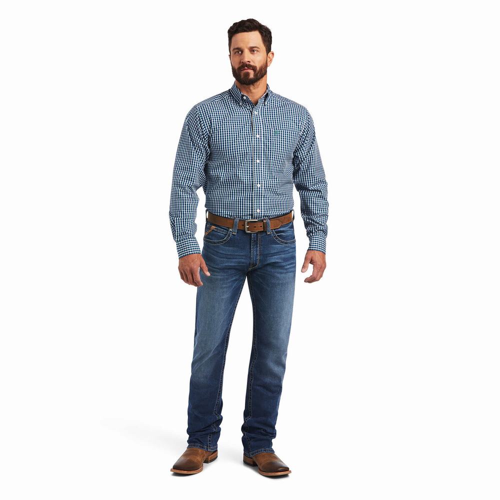 Blue Men's Ariat Wrinkle Free Seamus Fitted Shirts | 3268-TMHYB