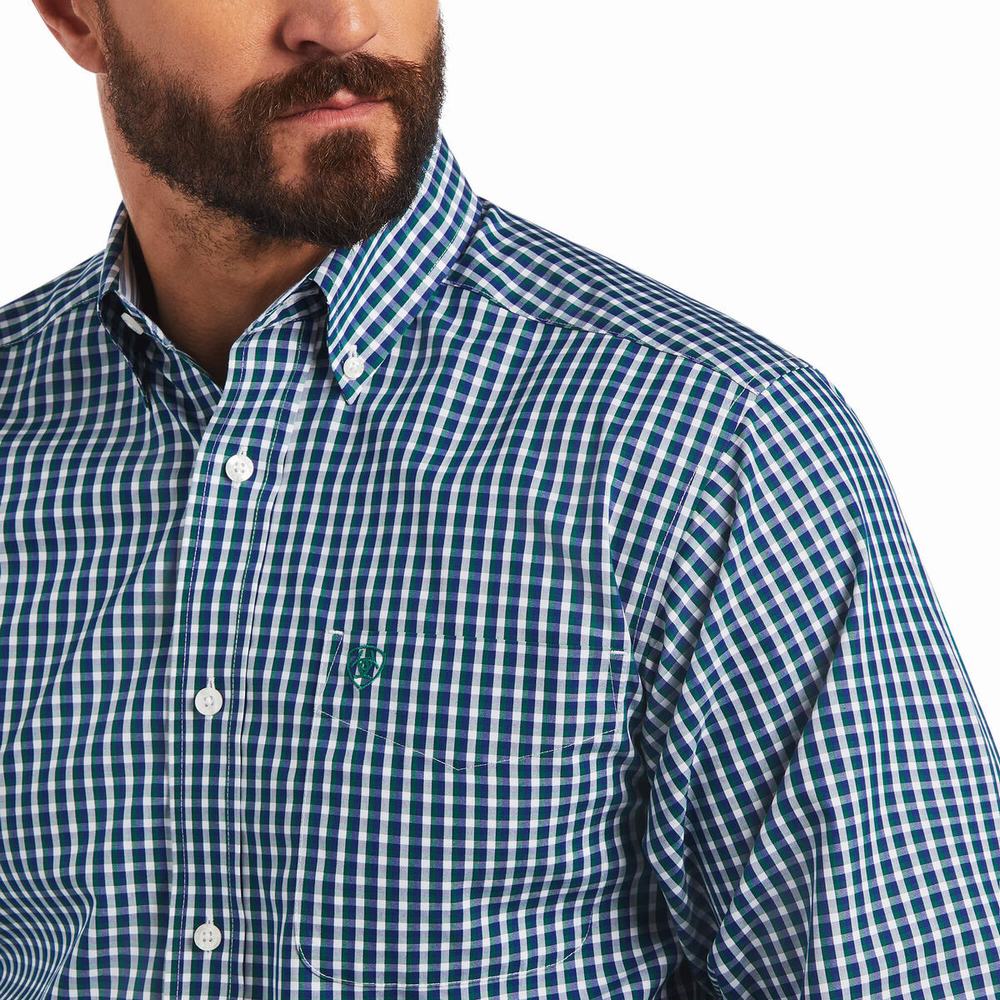 Blue Men's Ariat Wrinkle Free Seamus Fitted Shirts | 3268-TMHYB