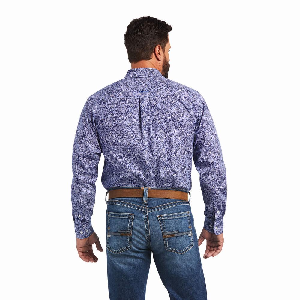 Blue Men's Ariat Wrinkle Free Slater Fitted Shirts | 8724-BZUWA