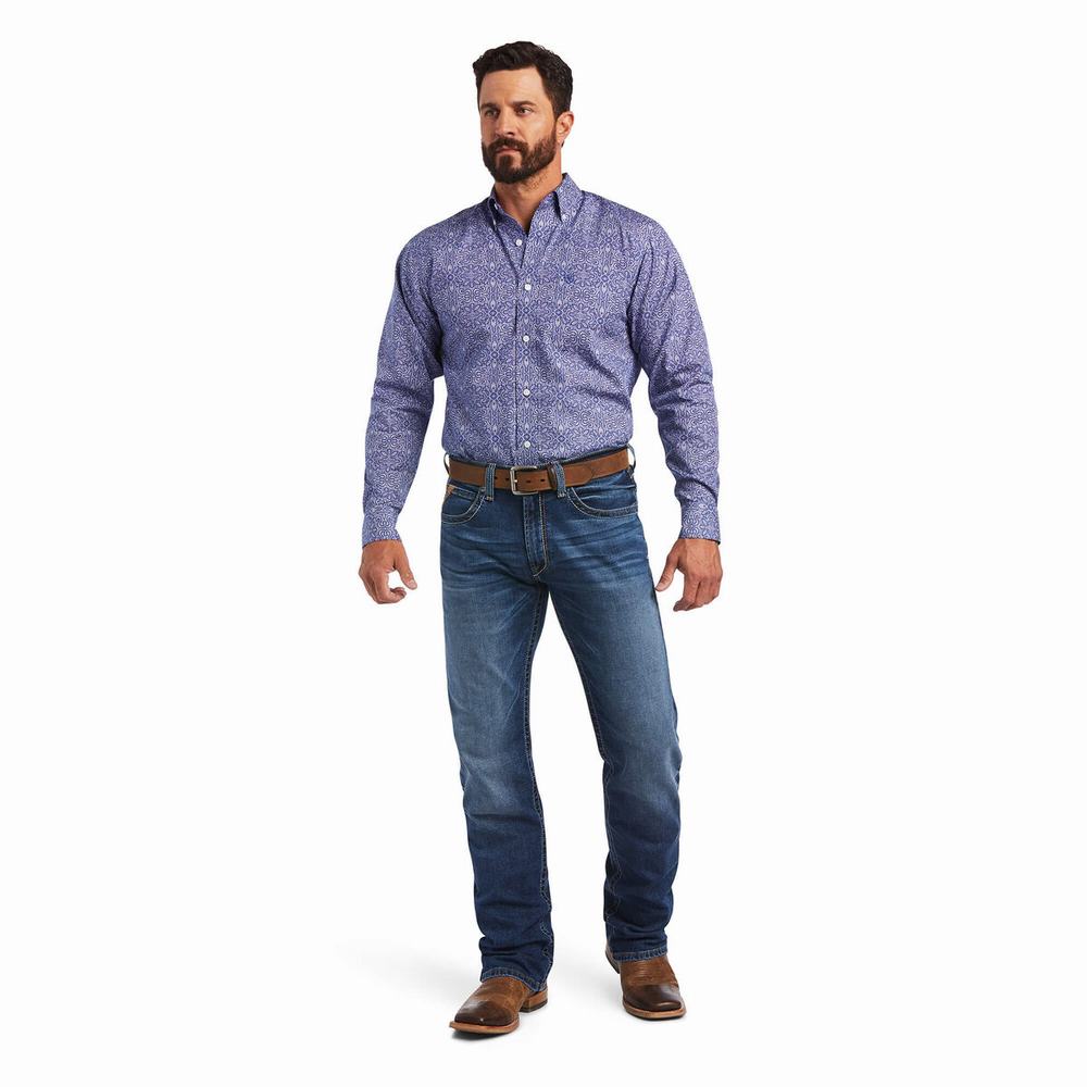 Blue Men's Ariat Wrinkle Free Slater Fitted Shirts | 8724-BZUWA