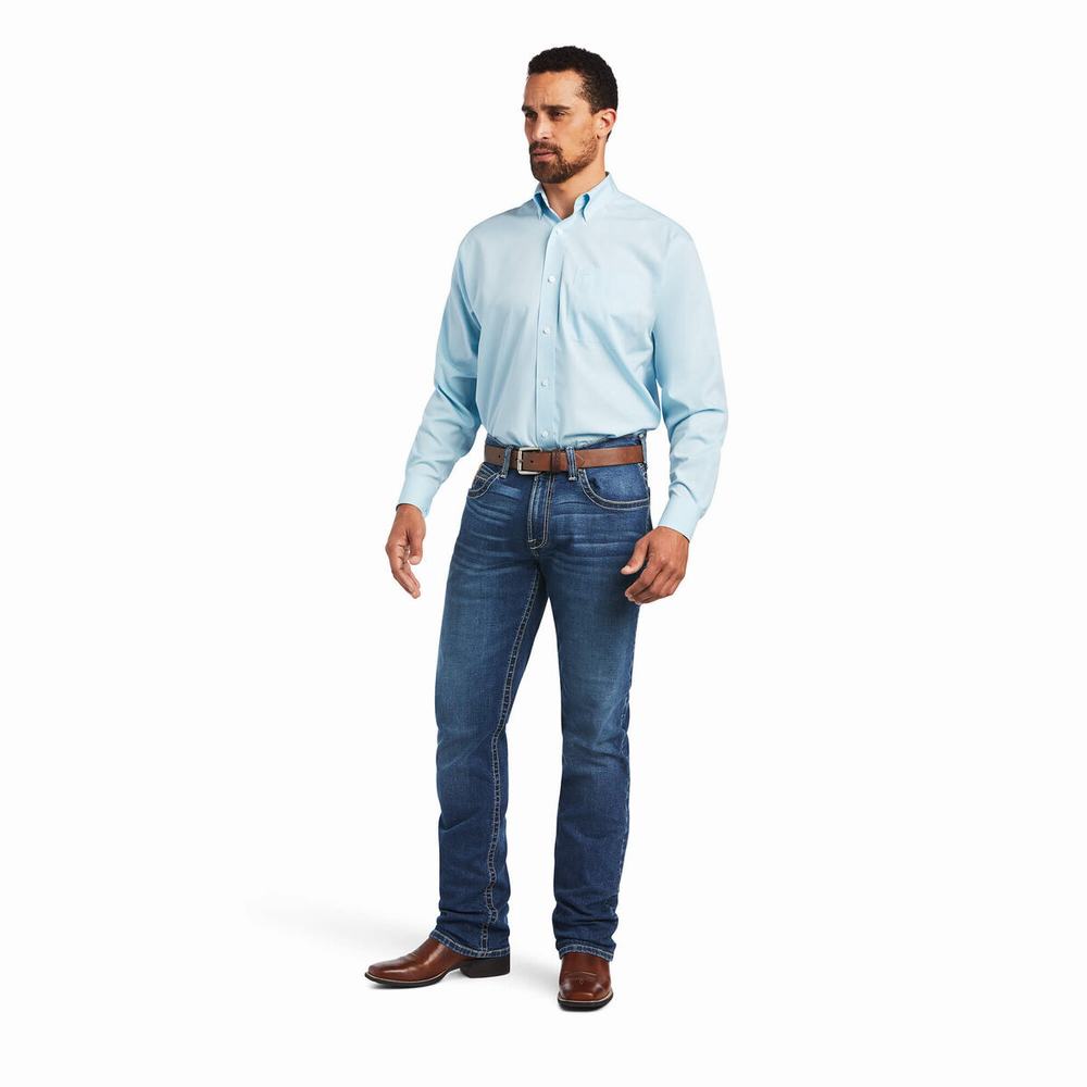 Blue Men's Ariat Wrinkle Free Solid Pinpoint Oxford Classic Fit Shirts | 0684-WLEXY