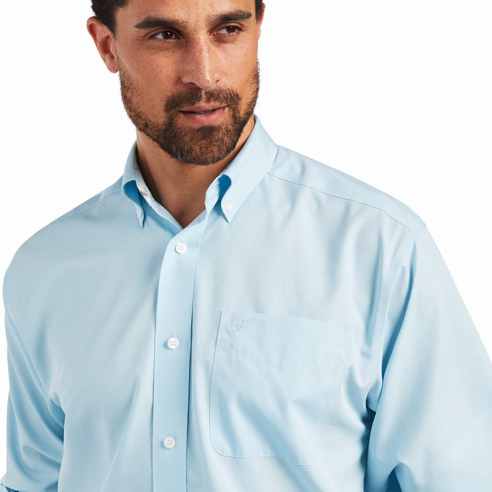 Blue Men's Ariat Wrinkle Free Solid Pinpoint Oxford Classic Fit Shirts | 0684-WLEXY