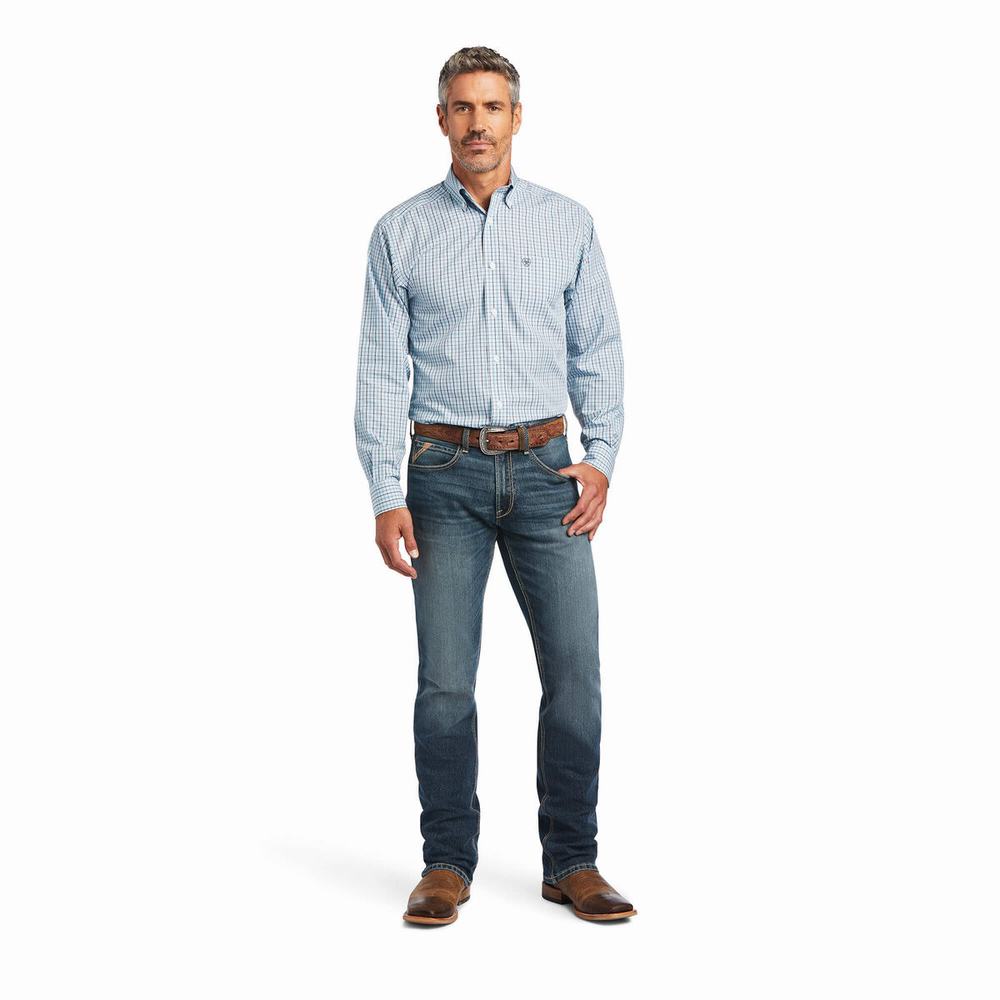 Blue Men's Ariat Wrinkle Free Yair Fitted Shirts | 4176-NHRVL