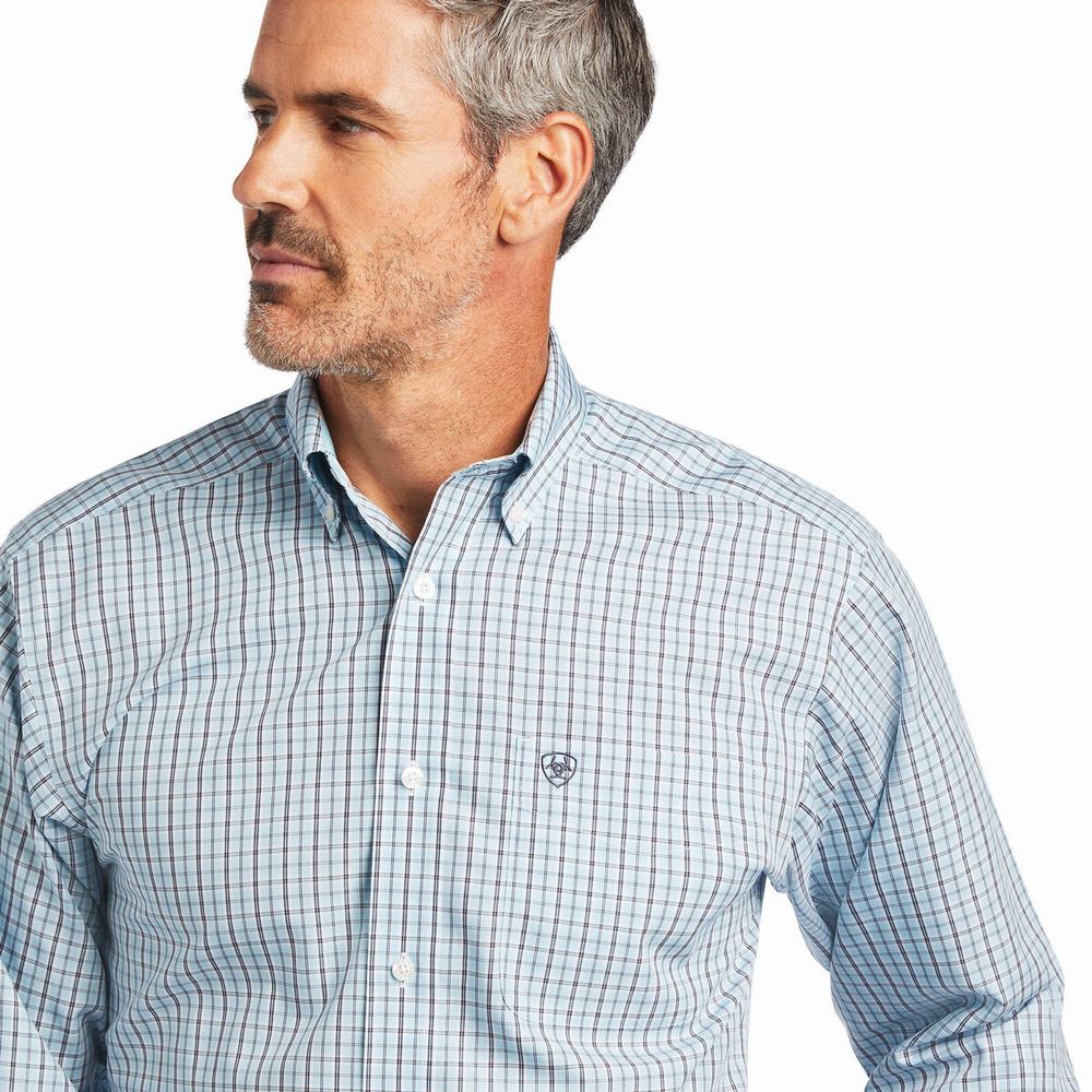 Blue Men's Ariat Wrinkle Free Yair Fitted Shirts | 4176-NHRVL