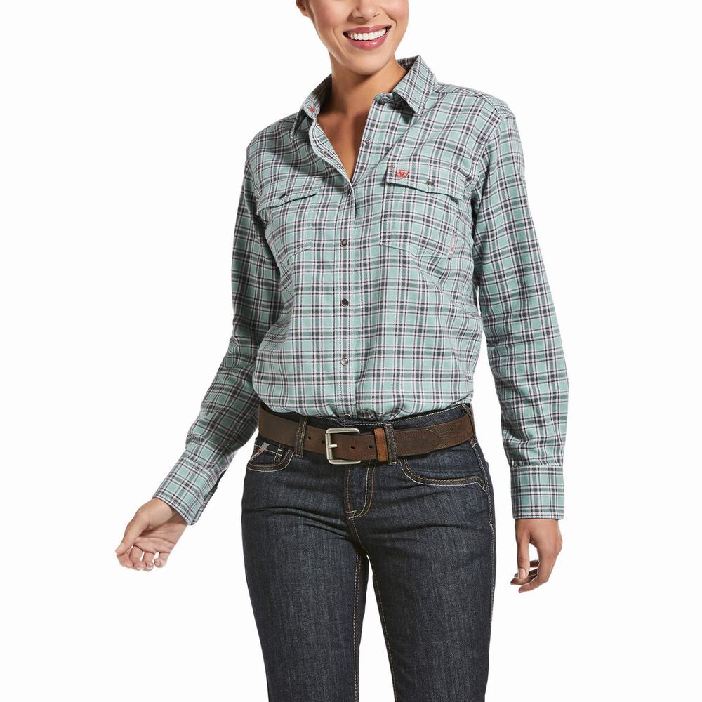 Blue Women\'s Ariat FR Eberly Snap Shirts | 1073-XRBNG