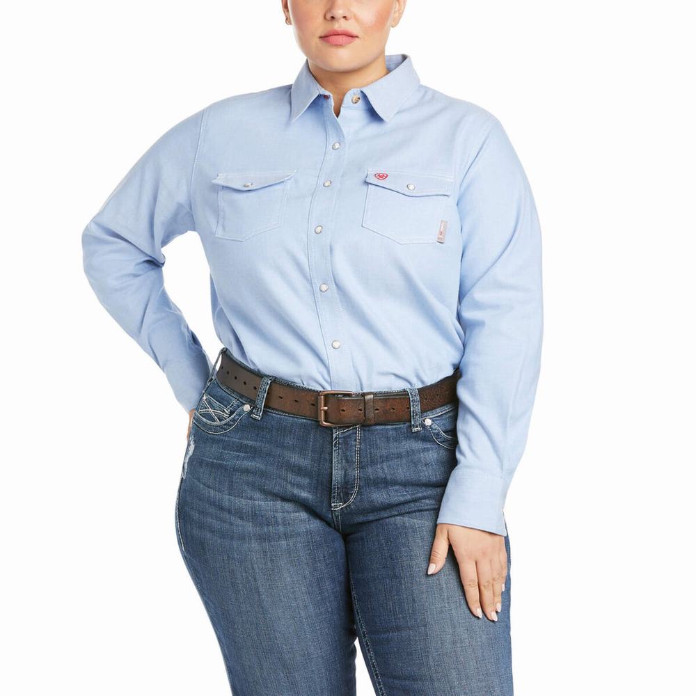 Blue Women's Ariat FR Solid DuraStretch Snap Shirts | 0324-KDEJA