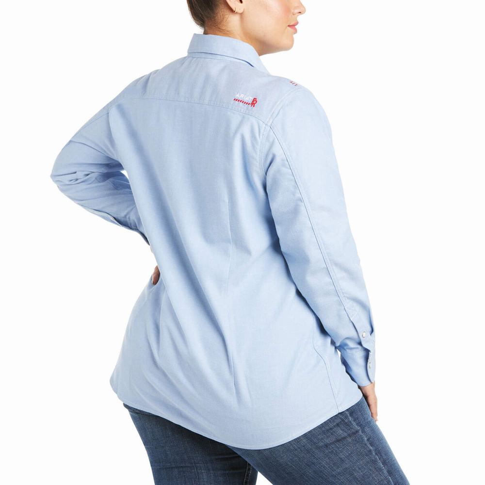 Blue Women's Ariat FR Solid DuraStretch Snap Shirts | 0324-KDEJA