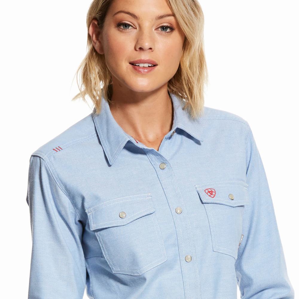 Blue Women's Ariat FR Solid DuraStretch Snap Shirts | 0324-KDEJA