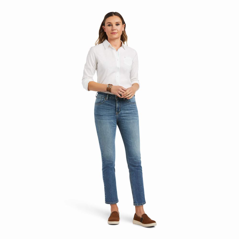 Blue Women's Ariat Premium High Rise Crop Straight-Fit Jeans | 8793-AWURB