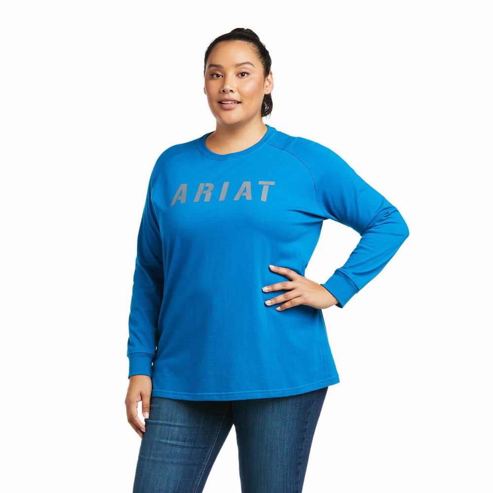 Blue Women's Ariat Rebar CottonStrong Block T Shirts | 7526-WJNBQ