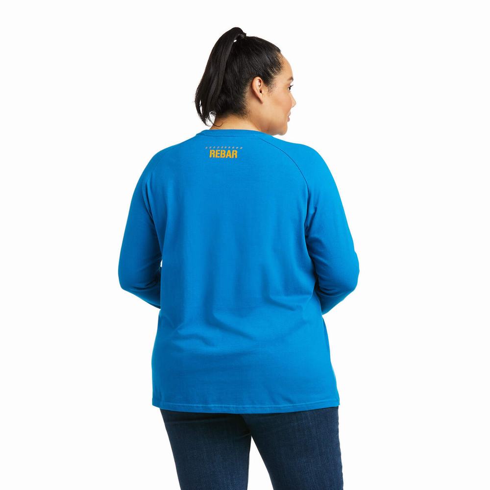 Blue Women's Ariat Rebar CottonStrong Block T Shirts | 7526-WJNBQ