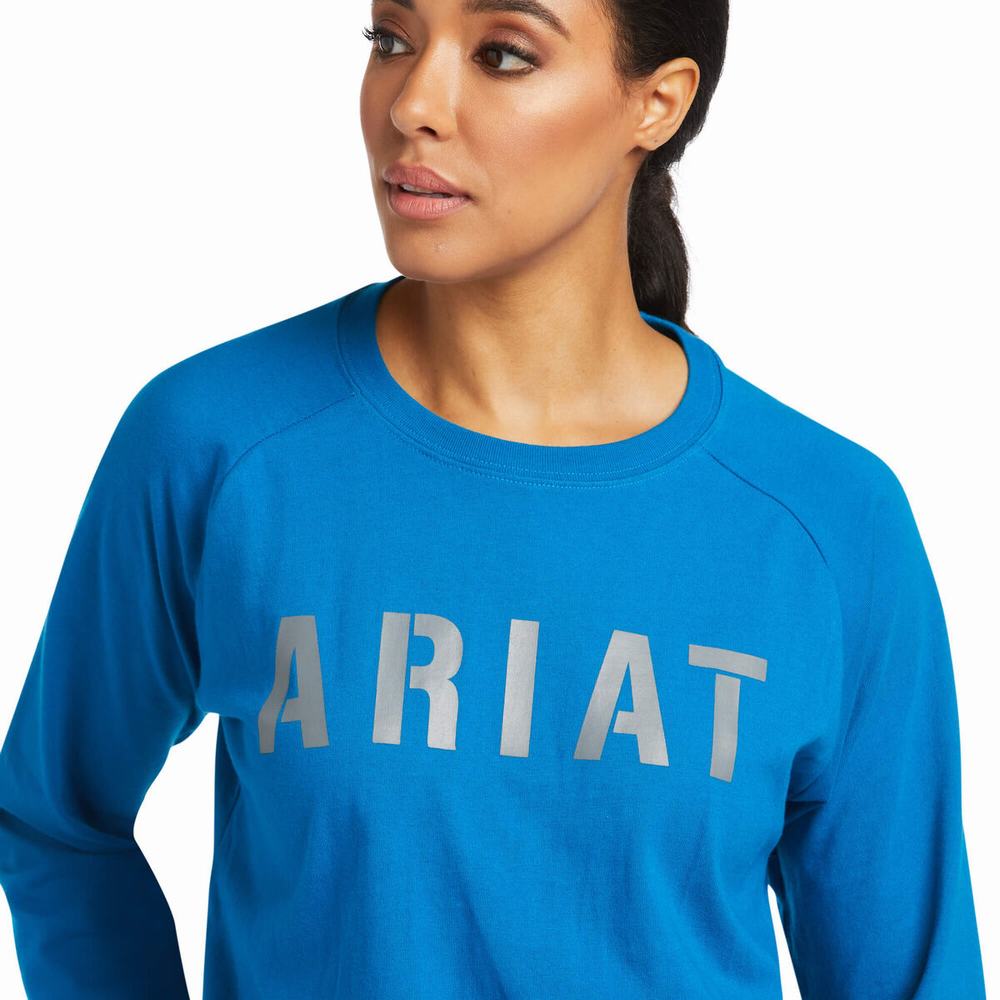 Blue Women's Ariat Rebar CottonStrong Block T Shirts | 7526-WJNBQ