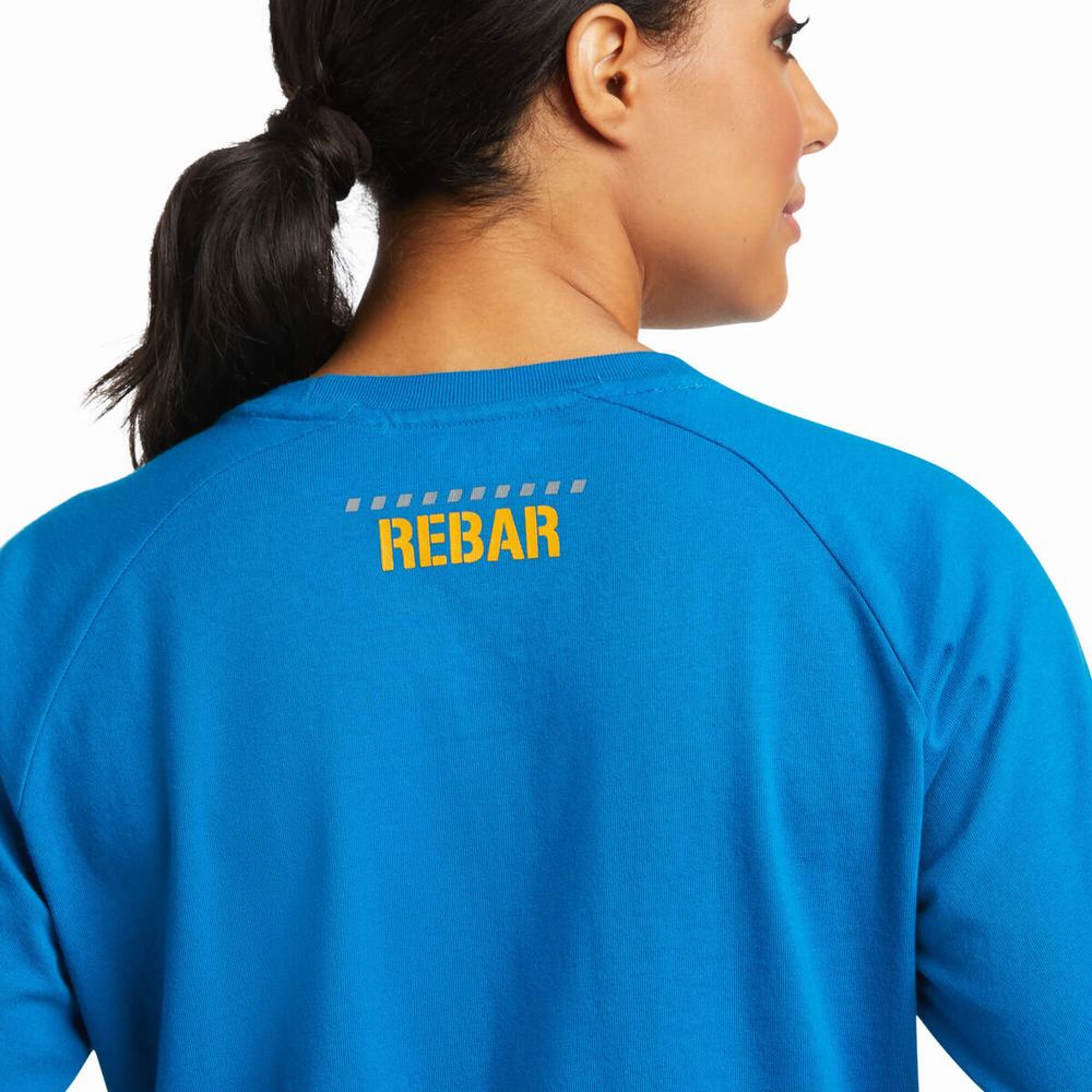 Blue Women's Ariat Rebar CottonStrong Block T Shirts | 7526-WJNBQ