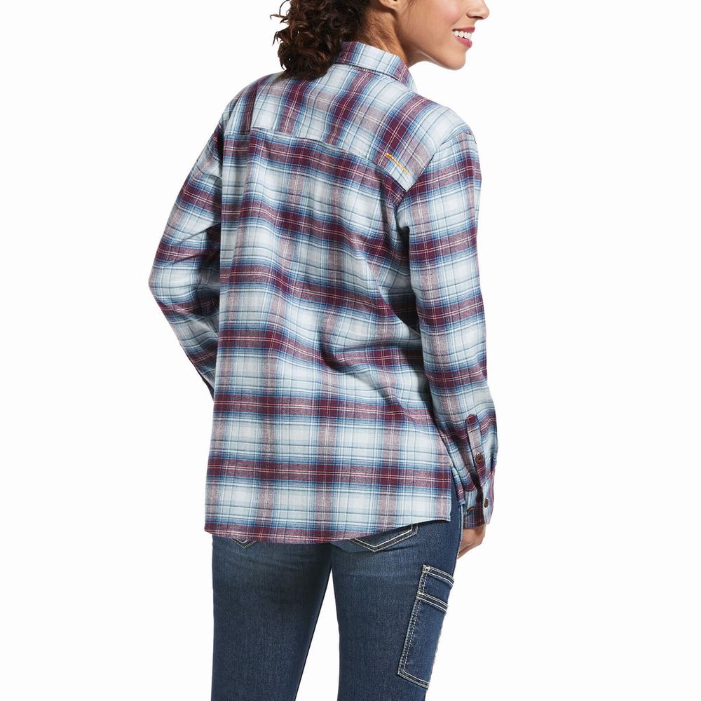 Blue Women's Ariat Rebar Flannel DuraStretch Shirts | 5864-DAHUX