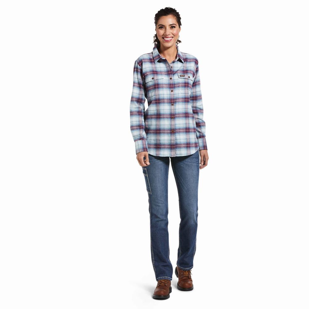 Blue Women's Ariat Rebar Flannel DuraStretch Shirts | 5864-DAHUX