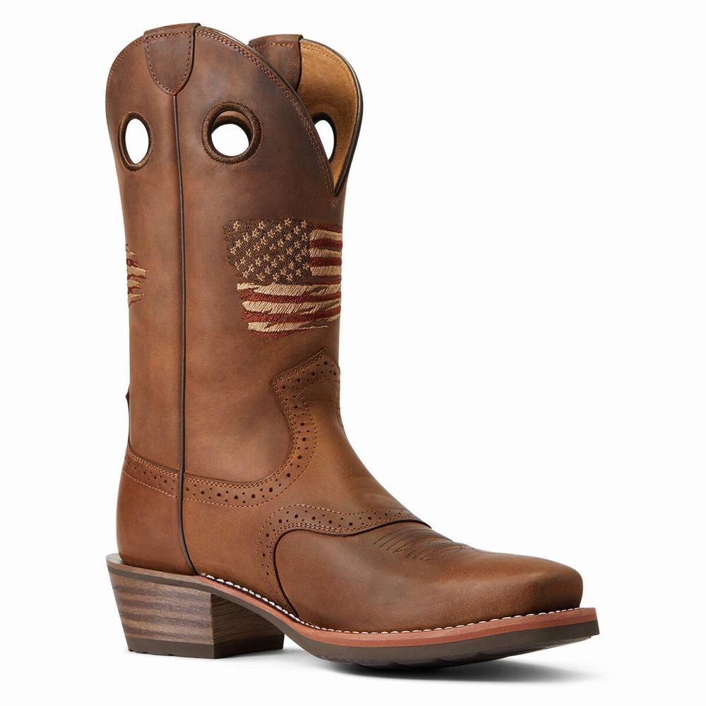 Brown Men's Ariat Roughstock Patriot Western Boots | 0297-CFWGV