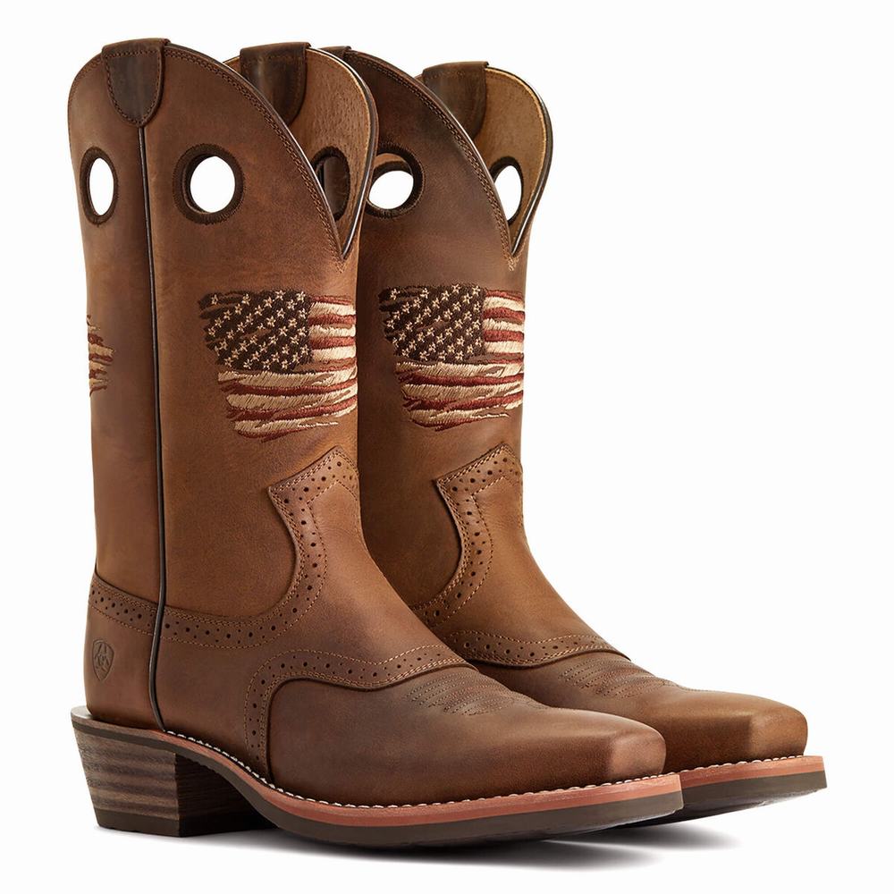 Brown Men's Ariat Roughstock Patriot Western Boots | 0297-CFWGV