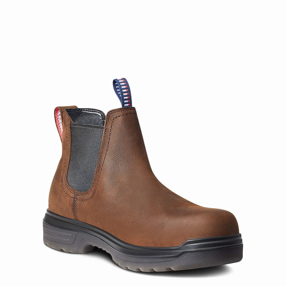 Brown Men's Ariat Turbo Chelsea USA Assembled Waterproof Carbon Toe Chelsea Boots | 9613-TOJDX