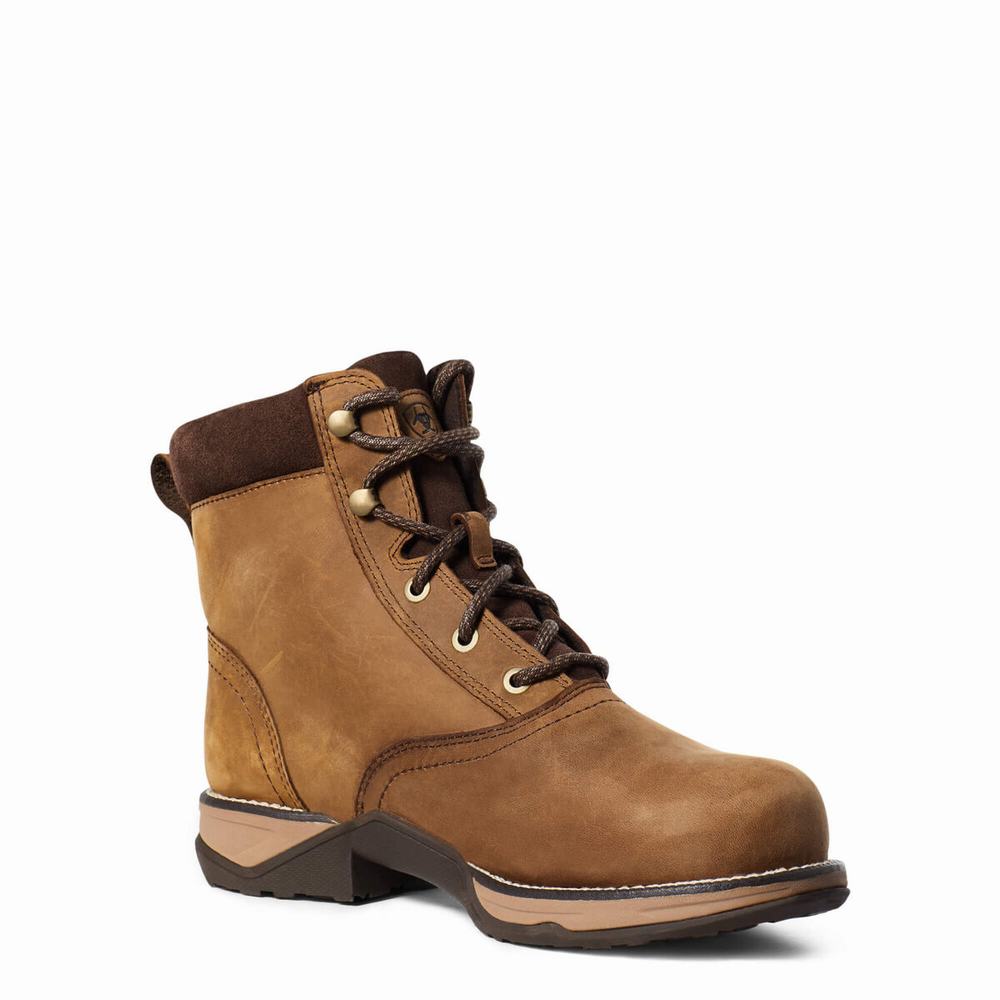 Brown Women's Ariat Anthem Round Toe Lacer Waterproof Composite Toe Work Boots | 7596-QIWGM