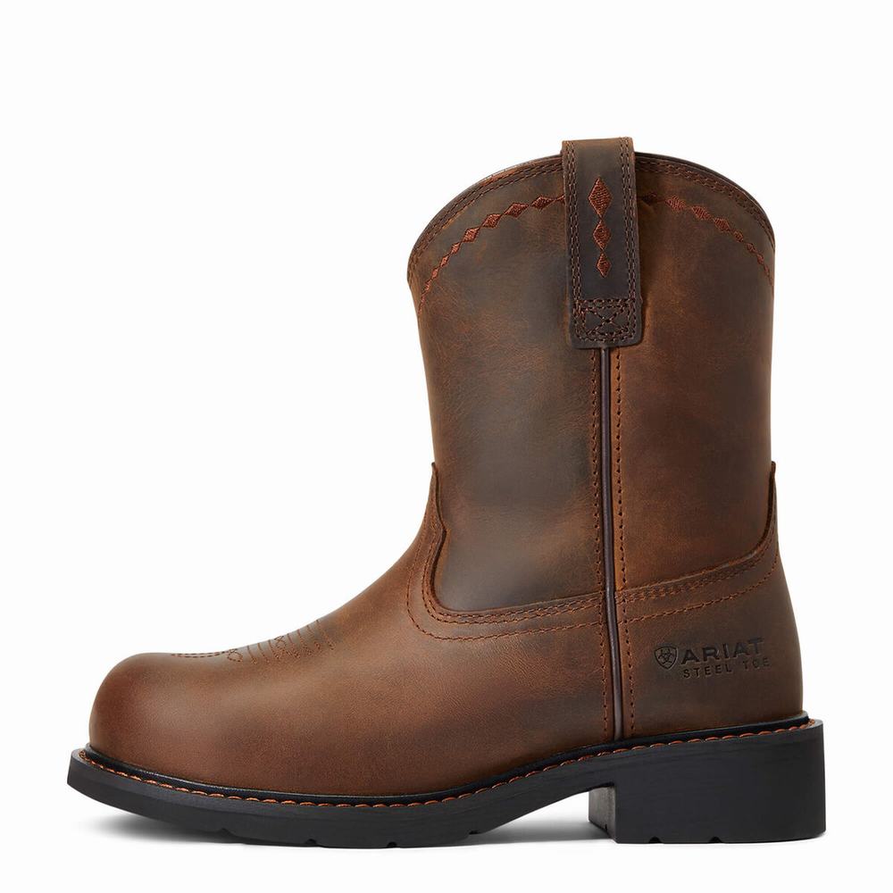 Brown Women's Ariat Fatbaby Pull-On Steel Toe Work Boots | 8597-JTBKP