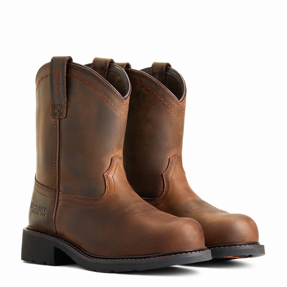 Brown Women's Ariat Fatbaby Pull-On Steel Toe Work Boots | 8597-JTBKP