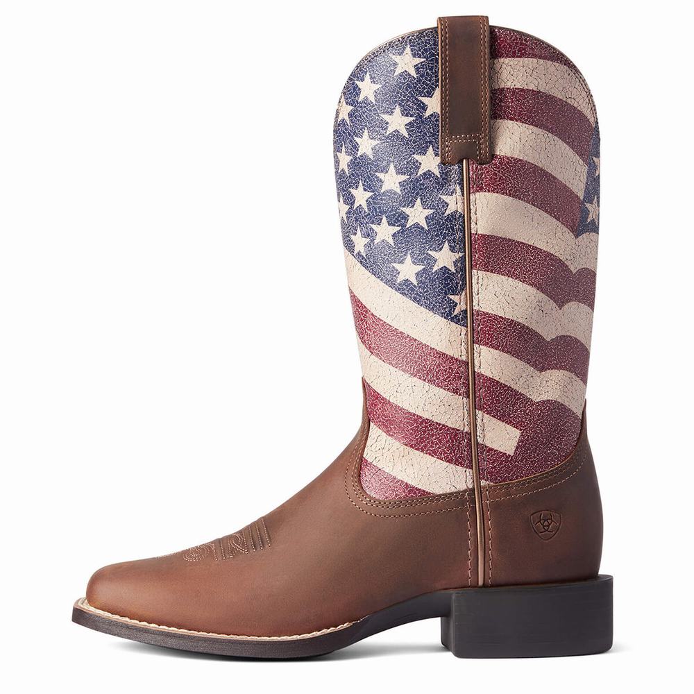 Brown Women's Ariat Round Up Patriot Western Boots | 4519-SLJCT