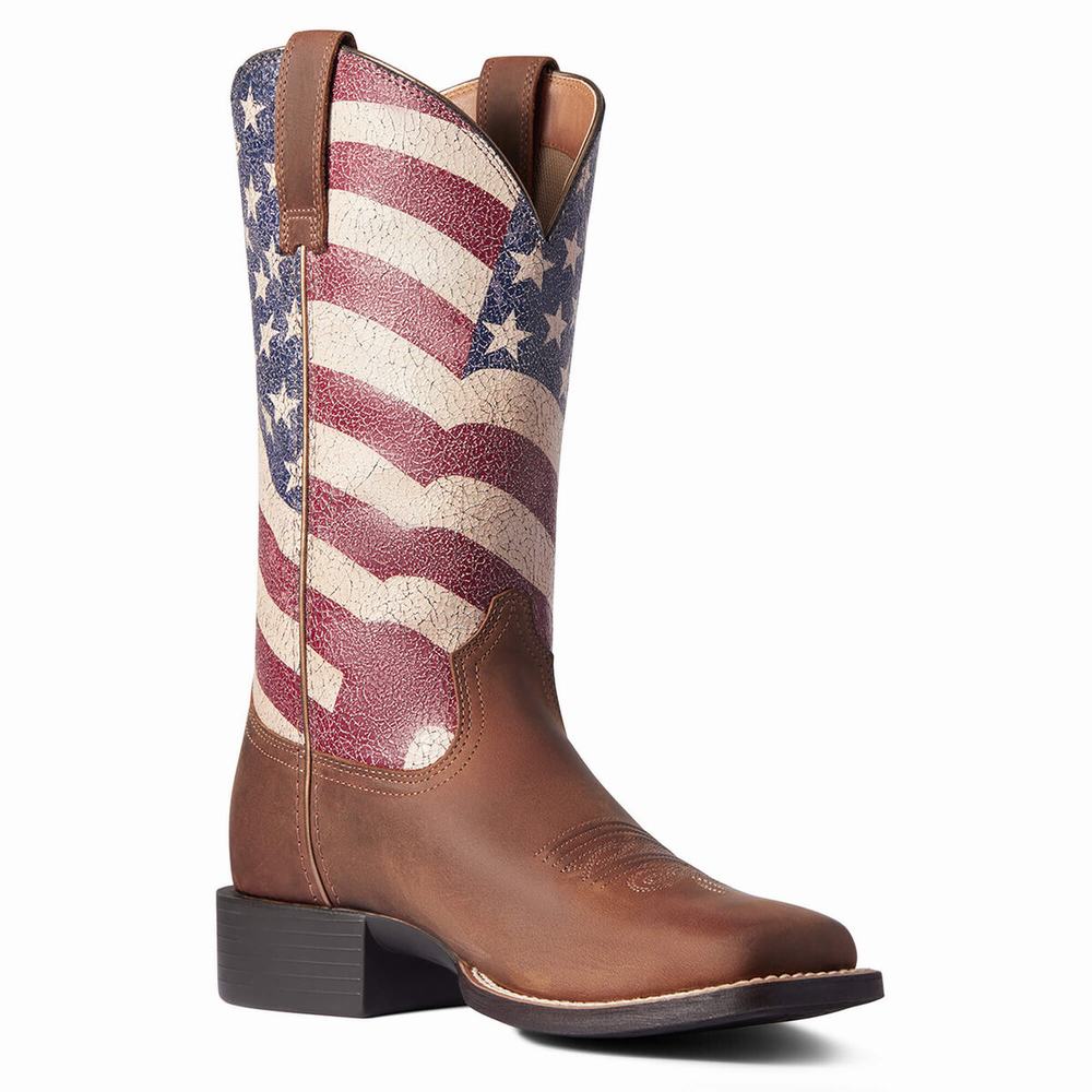 Brown Women's Ariat Round Up Patriot Western Boots | 4519-SLJCT