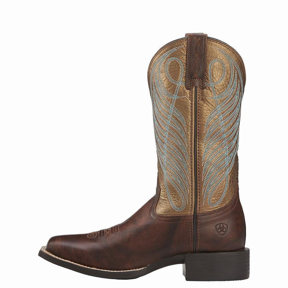 Brown Women's Ariat Round Up Wide Square Toe Western Boots | 0564-EBDAP