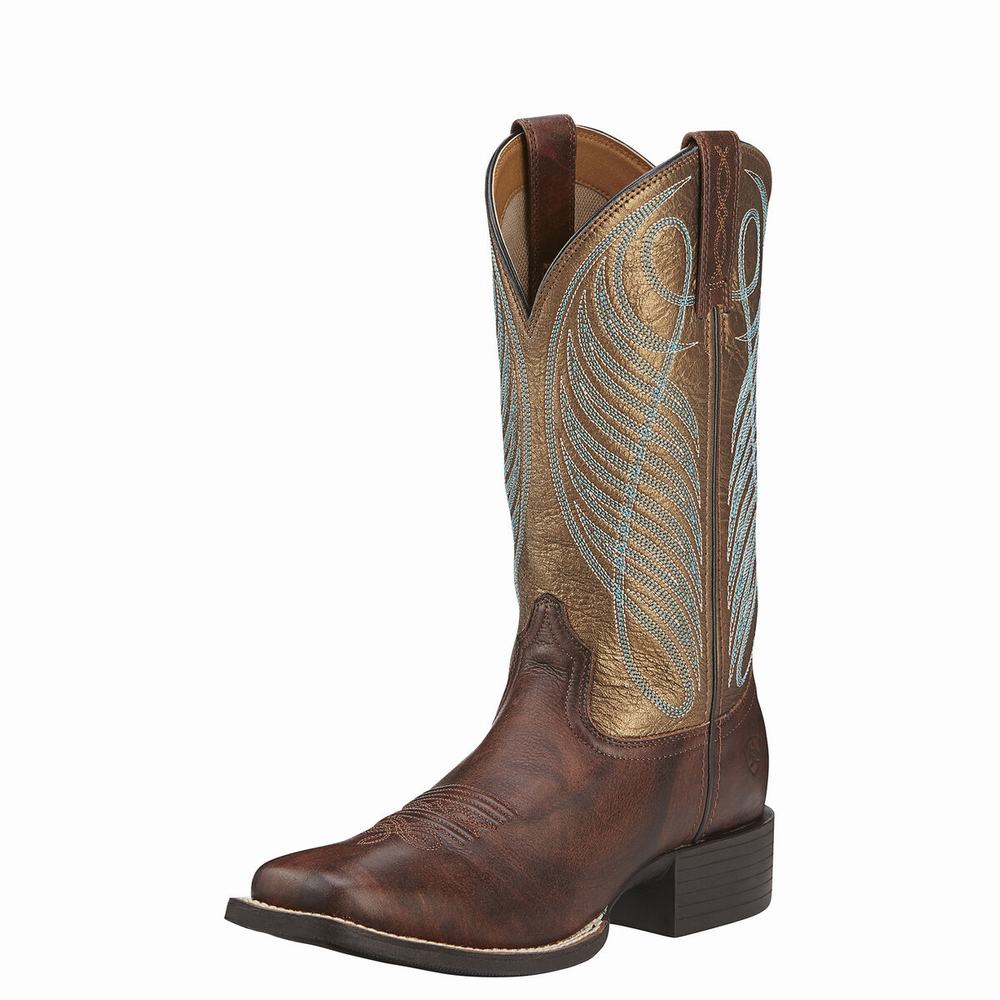 Brown Women\'s Ariat Round Up Wide Square Toe Western Boots | 0564-EBDAP