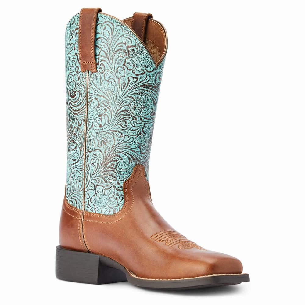 Brown Women's Ariat Round Up Wide Square Toe Western Boots | 0937-QZATG