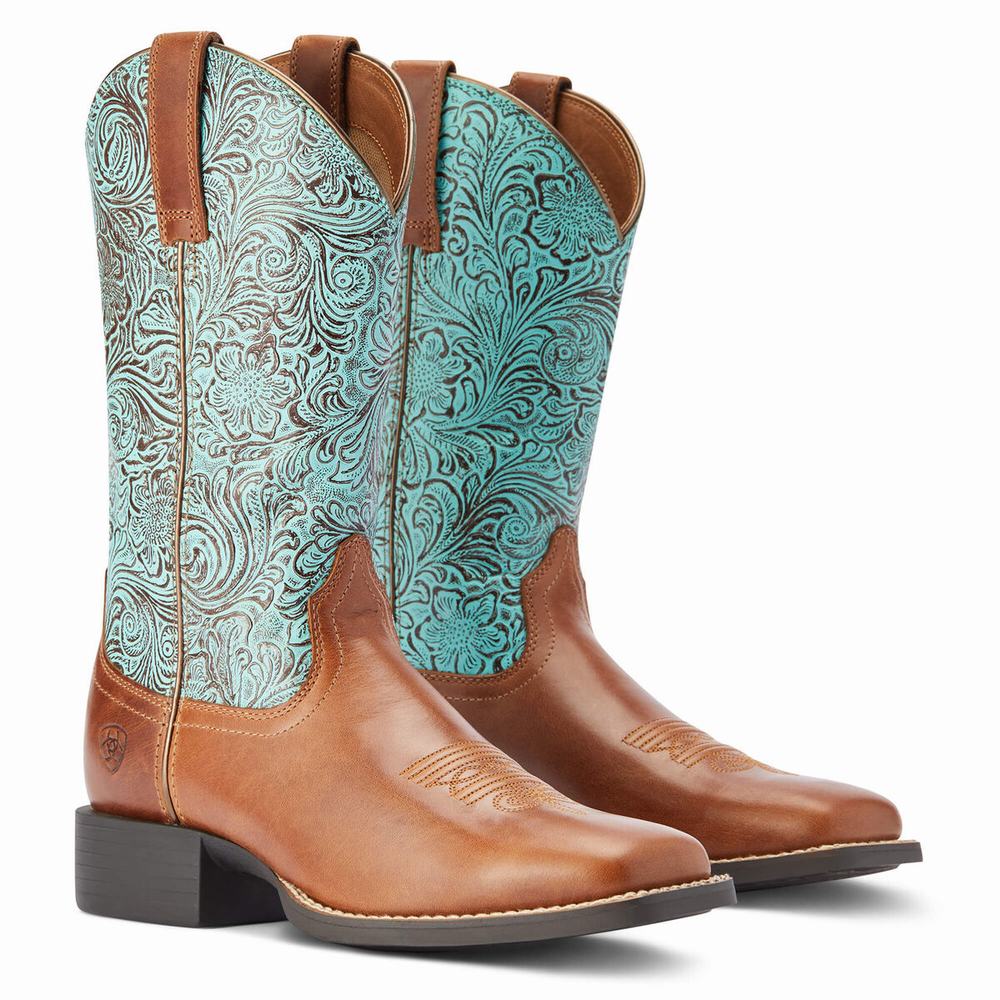 Brown Women's Ariat Round Up Wide Square Toe Western Boots | 0937-QZATG