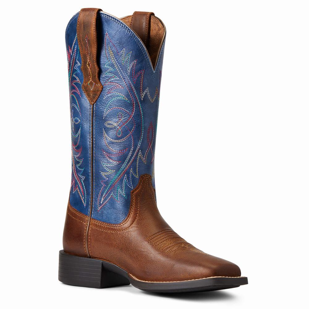 Brown Women's Ariat Round Up Wide Square Toe Western Boots | 3492-IOALM