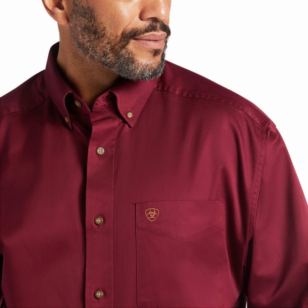 Burgundy Men's Ariat Solid Twill Classic Fit Shirts | 1729-KHOSE