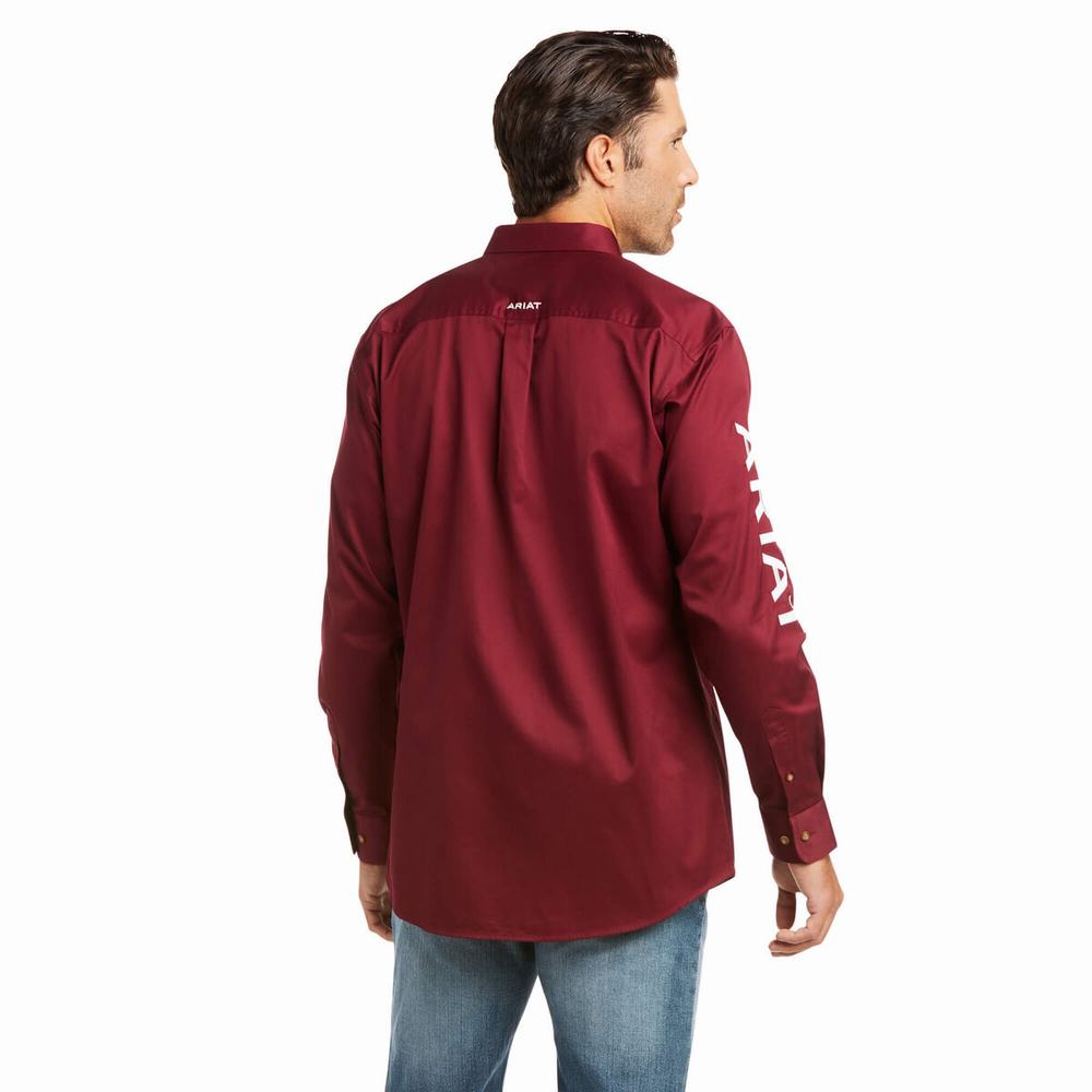 Burgundy White Men's Ariat Team Logo Twill Fitted Shirts | 5296-KTNUV