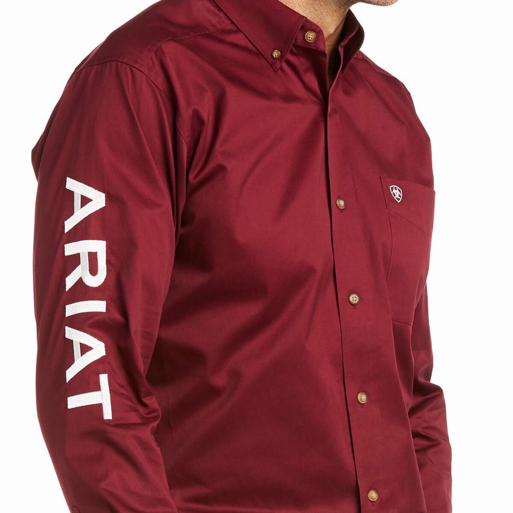 Burgundy White Men's Ariat Team Logo Twill Fitted Shirts | 5296-KTNUV